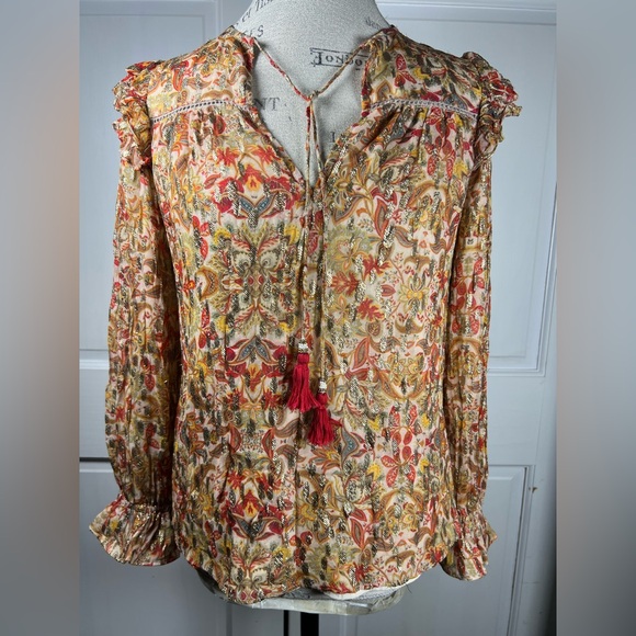 Anthropologie’s Love the Label Floral Peasant Blouse Gold/Orange Hues Size XS - Picture 4 of 13